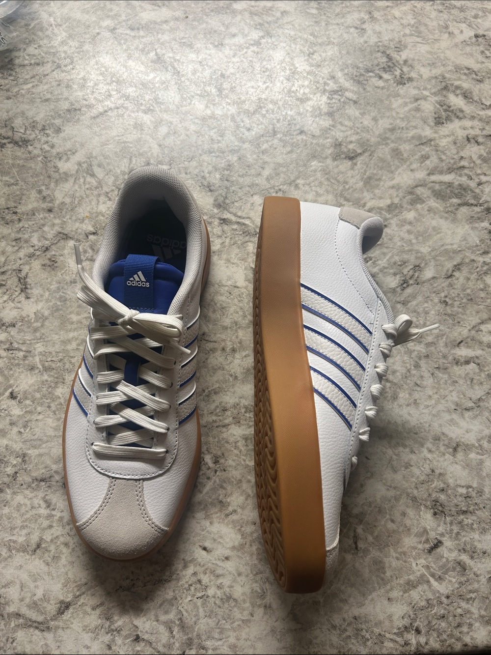 adidas White Sneakers with Blue Stripes and Gum Sole